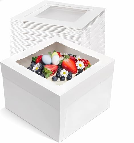12x12x8 Inch Tall Cake Boxes with Window, 20 Pack White Bakery Boxes for Tiered Cakes, Large Cardboard Cake Containers with Lids for Wedding, Birthday, Party, Dessert (White - 12x12x8 inches - 20 PCS)