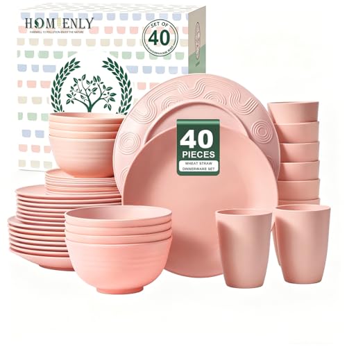 Homienly 40 PCS Premium Wheat Straw Dinnerware Sets, Unbreakable Dishes Set for Party, Resuable Plates Set,Service for 8,Microwave and Dishwasher Safe Cups and Bowls Set for Camping, RV（Pink） - color: Pink, size: 40 PCS