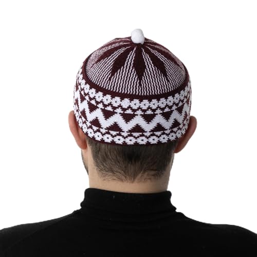 Modefa Muslim Men's Turkish Knitted Kufi Haji Prayer Hat - color: Garnet Red