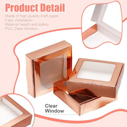 Zonon 30 Pcs Kraft Paper Boxes with Window 4.13 x 4.13 x 1.18 Inch Candy Packaging, Small Gift Boxes, Soap holder, Mini Treat Packaging for Bakery Chocolate Jewelry Display (Rose Gold) - color: Rose Gold