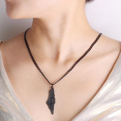 Uloveido Palestine Map Necklace – Arabic Engraved Stainless Steel Pendant, Islamic Middle Eastern Cultural Jewelry for Men and Women - color: Black