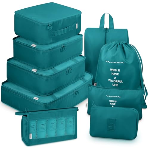 Mossio 9 Set Packing Cubes with Shoe Bag & Electronics Bag - Luggage Organizers Suitcase Travel Accessories - color: Teal