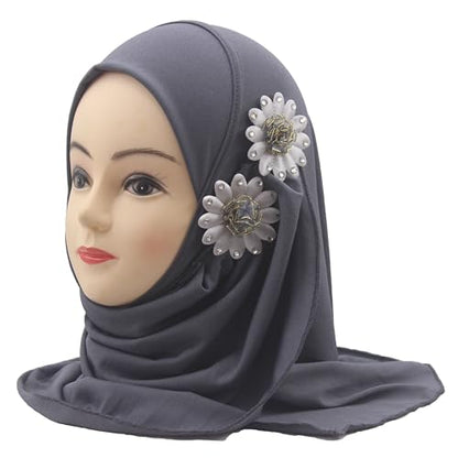 Soft Instant Hijab for Kids Girls Muslim Headscarf Islamic Scarf Shawl Wrap with Flowers - color: Gray-2 Flowers