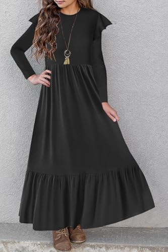 HOSIKA Girls Fall Ruffle Long Sleeve Crew Neck Loose Casual Flowy Tiered Maxi Dress with Pockets for 6-12 Y - color: Balck, size: 8 Years
