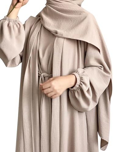 Women's Muslim Dress Two Pieces Set Islamic Prayer Abaya Modest Solid Color Muslim Outfits - color: Khaki Abaya and Khaki Hijab, size: Medium