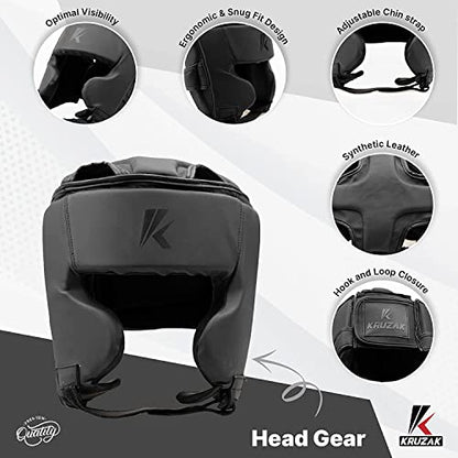 Kruzak Unisex Boxing Headgears - MMA Training, Adjustable Padded, Kara,Muay Thai Headgear, Kickboxing, Sparring, Martial Arts, Karate, Taekwondo MMA Body Equipment - color: Matte Black, size: Large-X-Large