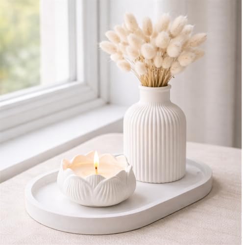 Minimalist Home Decor Set with Dried Flowers – Handmade Tray, Vase and Candle Holder – Modern Neutral Decorative Accent for Living Room, Bedroom or Bathroom