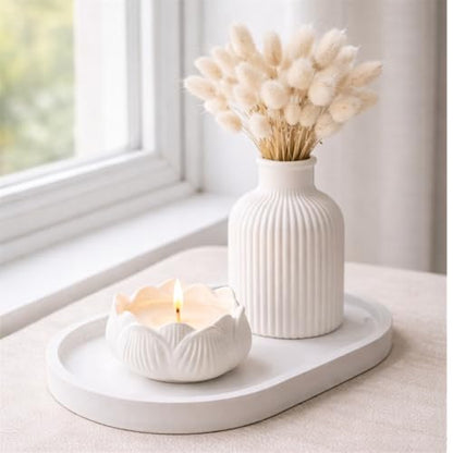 Minimalist Home Decor Set with Dried Flowers – Handmade Tray, Vase and Candle Holder – Modern Neutral Decorative Accent for Living Room, Bedroom or Bathroom