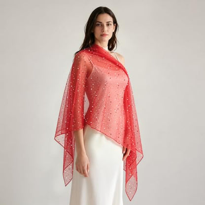 Sequin Scarf for Women Lightweight Mesh Shawl Wrap Bandana Hijab Headscarf for Summer Evening Dress - color: Brightred