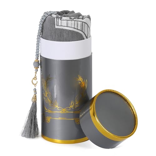 Muslim Prayer Rug and Beads with Elegant Cylinder Gift Box - Portable Chenille Sajjadah for Men Women Kids - Soft Islamic Carpet Mat for Ramadan Eid, Grey - color: Grey