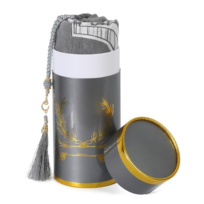 Muslim Prayer Rug and Beads with Elegant Cylinder Gift Box - Portable Chenille Sajjadah for Men Women Kids - Soft Islamic Carpet Mat for Ramadan Eid, Grey - color: Grey