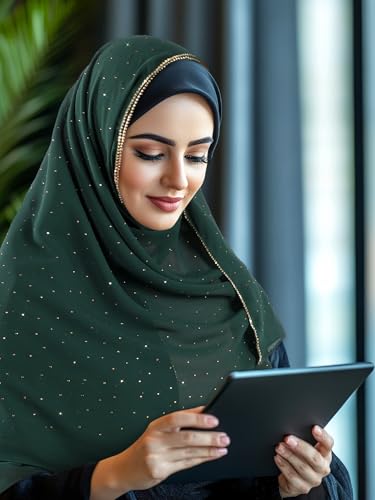 Geyoga Hijab Scarf for Women Soft Chiffon Rhinestone Long Scarf Shawl Fashion Muslim Hijab Head Wrap Scarves - color: Dark Green