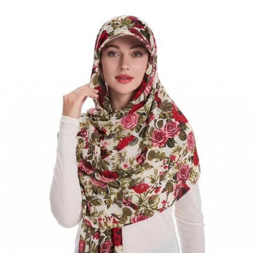 ZLYC Women Muslim Hijab Scarf with Visor Built-in Undercap Sun Protection Headwrap - color: Floral Beige