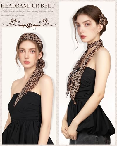Chiffon Scarf for Women, Removable Flower Neck Scarf Light Soft Fashion Rose Scarves Versatile Headband or Hair Band - color: Leopard Brown
