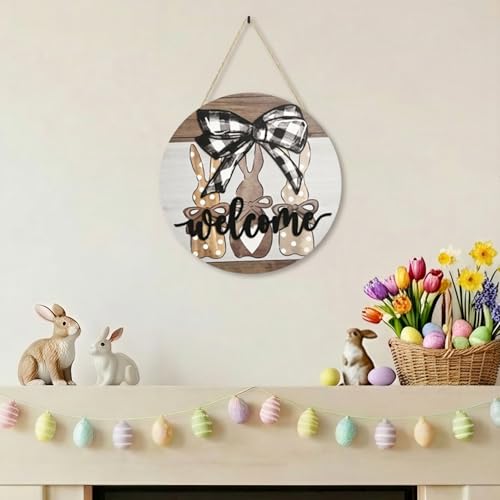Smile Round Wooden Easter Welcome Sign - Plaid Bow & Polka Dot Bunny Design, Farmhouse Style Hanging Door Decor for Spring Holiday Home Accent - style: Easter Bow