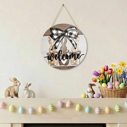 Smile Round Wooden Easter Welcome Sign - Plaid Bow & Polka Dot Bunny Design, Farmhouse Style Hanging Door Decor for Spring Holiday Home Accent - style: Easter Bow