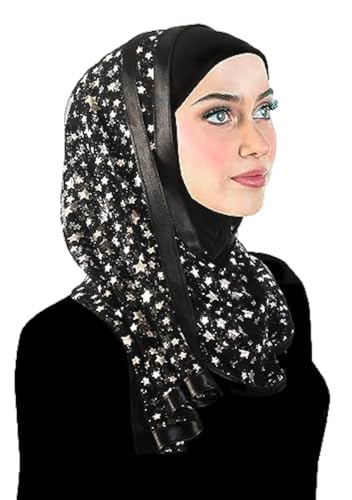 Stylish Mona Hijab Women's Black Kuwaiti with Chiffon Wrap Shawl & Satin Trim - color: Black With Silver Stars