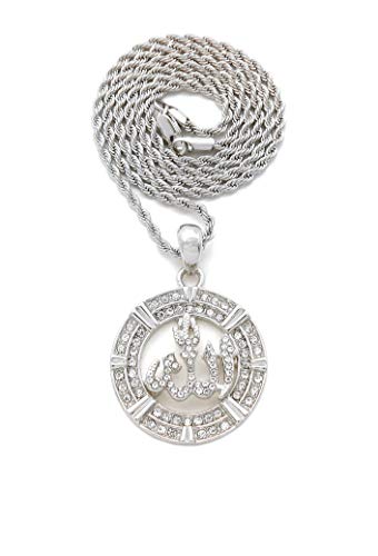 SJ Iced Arabic Allah Pendant 2mm Various Rope Chain Hip Hop Necklace XZ379RC - color: Silver 20"