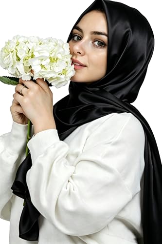 Lina & Lily Luxury Satin Hijab Head Scarf Shawl Wrap for Muslim Women Extra Long - color: Black