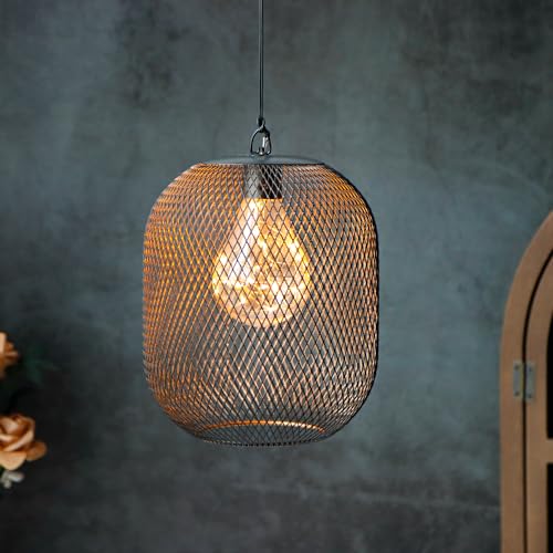 TRIROCKS Hanging Lamp Battery Operated Hanging Light Cordless Pendant Lamp Metal Mesh Lanterns with 6 Hours Timer for Bar Bedroom Living Room Garden Patio Parties Indoors Outdoors (Black)