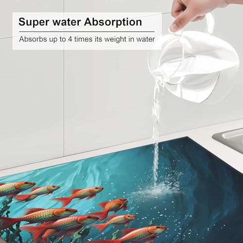 Fish aquarium Dish Drying Mat for Kitchen Counter 18"x16" Super Absorbent Microfiber Dish Drying Pad Non-slip Drainer Mats Extra Large Dish Rack Pad Kitchen Drying Mat