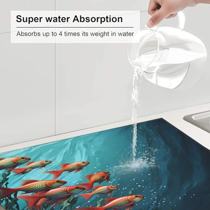 Fish aquarium Dish Drying Mat for Kitchen Counter 18"x16" Super Absorbent Microfiber Dish Drying Pad Non-slip Drainer Mats Extra Large Dish Rack Pad Kitchen Drying Mat