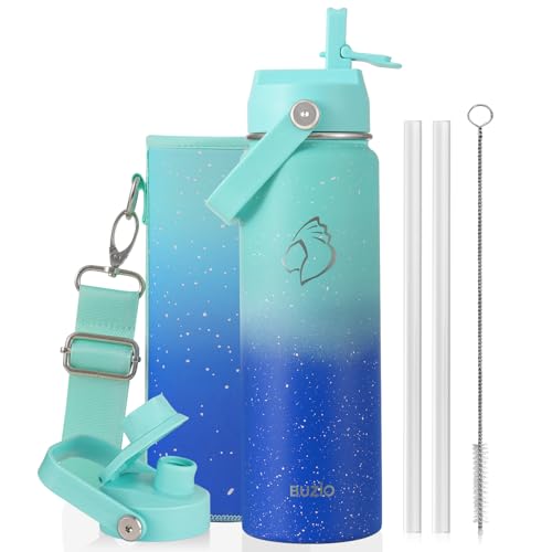 BUZIO 24 oz Insulated Water Bottle, Stainless Steel Wide Mouth Water Flask with Straw Lid, Cold for 48 Hrs Leak Proof Metal Hydro Thermo Canteen Mug, Starry Gradient Blue - color: Starry Gradient Blue, size: 24 Ounces