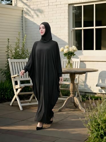 Women's Solid Muslim One-Piece Prayer Dress Abaya Kaftan with Hijab Full Length Dress - color: Black