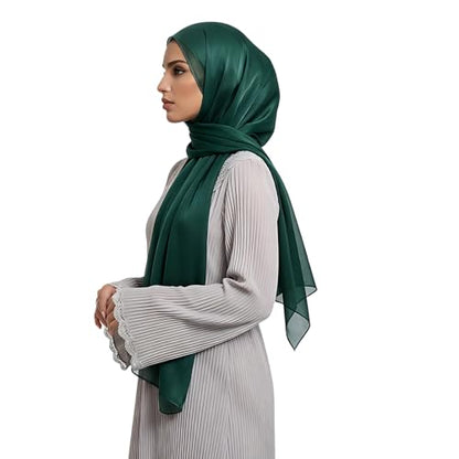 Organza Sheen Shimmer Crepe Hijab Scarf for Women Lightweight Sheer Shawl Wrap for Wedding and Evening Dresses - color: Dark Green