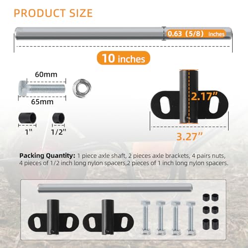 AR-PRO (1-Set) Heavy-Duty Wheelbarrow Axle Bracket Set - 10" x 0.63" Wheelbarrow Axle Shaft and 2.1" x 3.3" Brackets - Compatible with 5/8" Hole Wheelbarrow Axles - Includes Bolts Nuts, Nylon Spacers - size: 10 x 0.63" Axle+Brackets+Spacers
