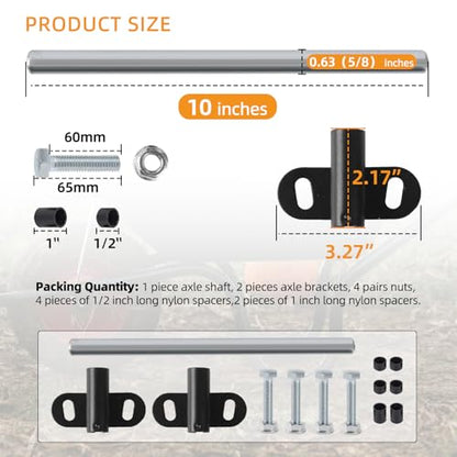 AR-PRO (1-Set) Heavy-Duty Wheelbarrow Axle Bracket Set - 10" x 0.63" Wheelbarrow Axle Shaft and 2.1" x 3.3" Brackets - Compatible with 5/8" Hole Wheelbarrow Axles - Includes Bolts Nuts, Nylon Spacers - size: 10 x 0.63" Axle+Brackets+Spacers