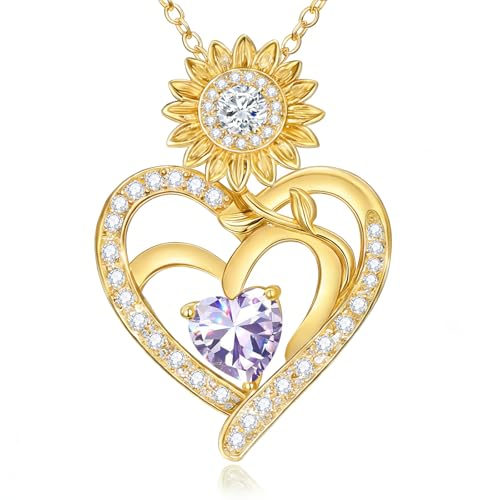 Midari Sunflower Necklace 18k Gold Plated Heart with Brithstone You Are My Sunshine Necklace Anniversary Birthday Sunflower Jewelry Gift for Women Wife Mom - color: 06-June