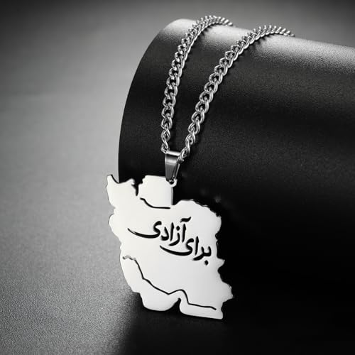 LIKGREAT Iran Map Necklace with Persian Calligraphy Stainless Steel Iranian Cultural Farsi Script Pendant Necklace Patriotic Peace Jewelry - color: 2-sliver