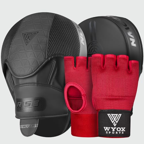 WYOX Boxing Hand Wraps Inner Gloves & Curved Focus Mitts Bundle for Men & Women Adults – 80cm Wrist Support, Gel Padding, MMA Muay Thai Kickboxing Training Gloves & Pads