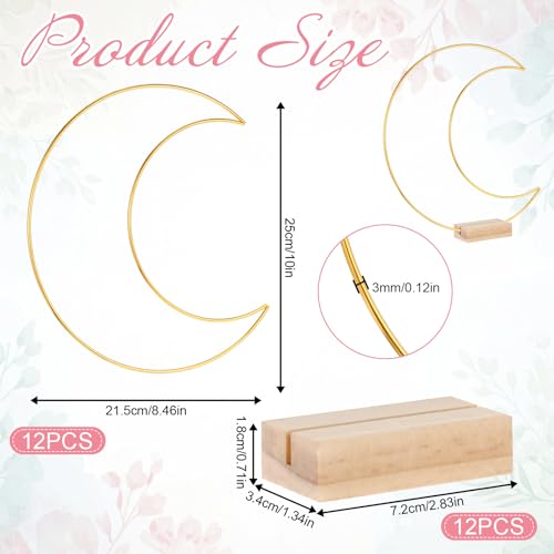 12 Sets Moon Shaped Metal Hoops for Crafts, Metal Wreath Ring Stand | with Wooden Base Hoops for Crafts Dream Catcher Ring for Weddings, Banquets, Parties and Home Decoration-Gold, 10×8.46 Inch
