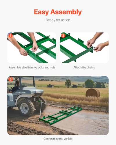 VEVOR Drag Harrow, 8 ft Heavy Duty Tow Behind Drag Harrow with Adjustable Bars & 72 in Chain, Driveway Grader Landscape Rake for ATV, UTV, Tractor, Mower Tow Behind Yard Lawn Leveling Tool - size: 8 FT- Green