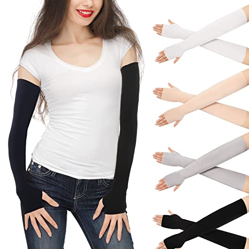 Meanplan 4 Pair Fingerless Sun Protection Gloves UV Arm Sleeves with Thumb Hole for Summer Outdoor Driving Football Women Men - color: Multicolor