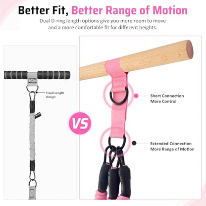 Multifunction Resistance Bands with Handles, Upgraded Dual D-Ring | 3-Tube Adjustable Resistance: 30/60/90 LB | Beech Wood Handle | Wide Foot Pedals | for Abdomen, Waist, Arm, Leg, Pilates - color: Pink