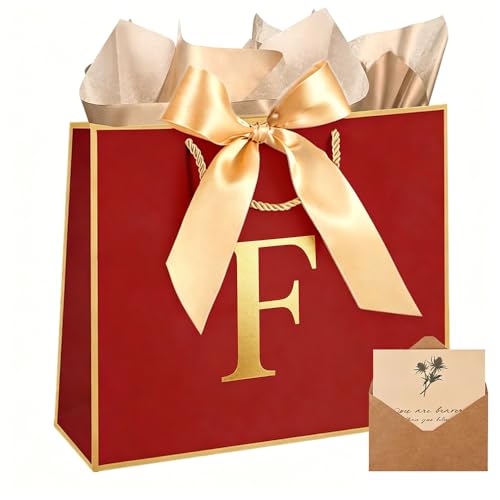 Topaliving Personalized Gift Bag with Card and Tissue Paper, 26 Letters Birthday Gift Bag 13'' Custom Valentines Weddings Present with Initials/Numbers for Women Men Kids (Red,F) - color: Red, size: F