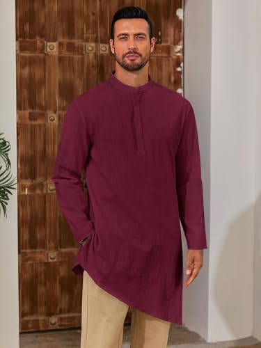 Runcati Mens Kaftan Robe Thobe Cotton Long Sleeve Henley Shirt Casual Muslim Gown Kurta Tops - color: Burgundy, size: Small