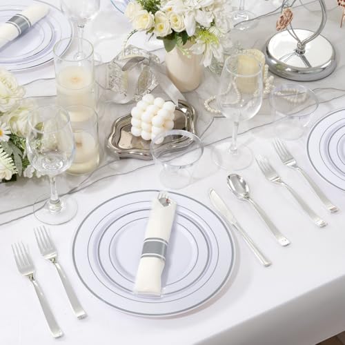 175PCS White Silver Plastic Dinnerware Set for 25 Guests, Fancy Disposable Plates for Party, Include: 25 Dinner Plates, 25 Dessert Plates, 25 Pre Rolled Napkins with Silver Silverware, 25 Cups - color: White and Silver
