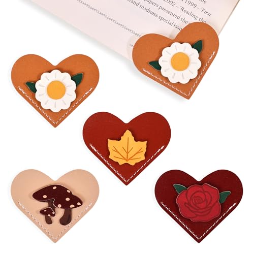 VYRANA 4Pcs Leather Heart Bookmarks - Cute Corner Book Marks Sets for Reading, Vintage Read Lover Gifts for Women Men Teens Kids Reader, Stylish Book Markers for Reading, Ideal Gifts for Planner - style: Heart Plant