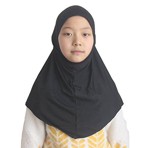 Girls Hijab Muslim Scarf for Kids – Ready to Wear, Solid Color, Soft & Breathable Daily Headwear for Ages 6-11 - color: Black