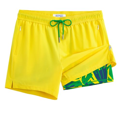 maamgic Mens Swim Trunks with Compression Liner 5 Inch, Quick Dry Bathing Suit with Zipper Pockets, No-Chafing Swim Shorts - color: Brazilian Yellow, size: X-Large
