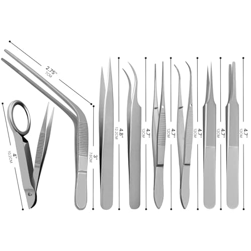 Splinter Forceps - Fine Point - Tweezers Stainless Steel Straight & Curved (Set of 8 Pcs W Magnifying Glass) - size: Set of 8 Pcs W Magnifying Glass