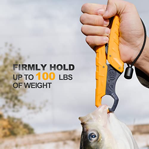 7.5'' Floating Fish Gripper, Fishing Grabber | Catfish Mouth Pliers, Caught Bass Holder, Fish Scale Hook Clamp, Saltwater Lip Grip Tool with Lanyard, Gifts for Men - color: Yellow-gray