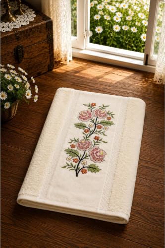 5-Piece Traditional Cross-Stitch Prayer Rug Set | Red | 27.5 x 43.3 inches | Includes Embroidered Rug, Pouch, Quran Cover, Towel & Prayer Beads | appropriate for Dowry & Wedding Gifts - Red, 28x43 inc