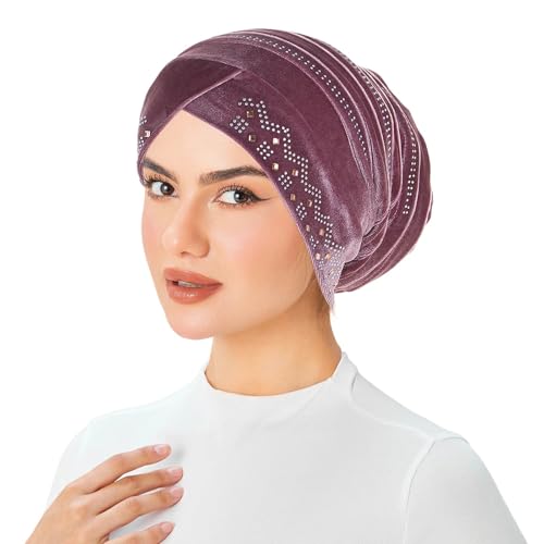Rhinestone Hijab Turban Hats for Women Beanies Bandana Headwrap Cap Beanies Headwear Headscarf Undercap Turban Hat - color: Hot Pink