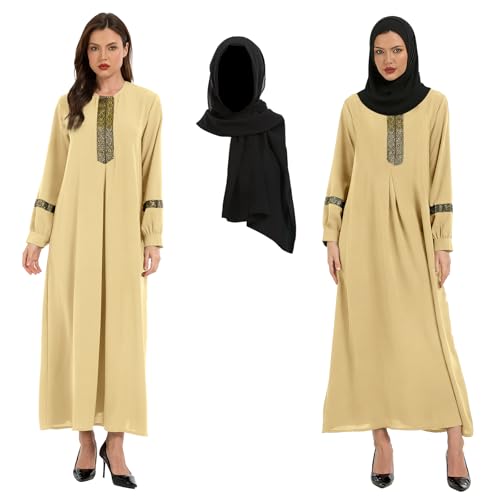 GYQMBT Womens Muslim Printed Abaya,Long Sleeve Zipper Islamic Robe Prayer Clothes with Hijabs - color: Khaki, size: Small