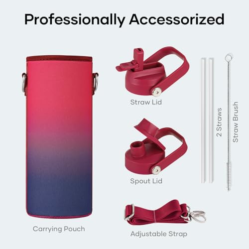 BUZIO 24 oz Insulated Water Bottle, Stainless Steel Wide Mouth Water Flask with Straw Lid, Cold for 48 Hrs Leak Proof Metal Hydro Thermo Canteen Mug, Red Navy - color: Ruby Red Navy, size: 24 Ounces